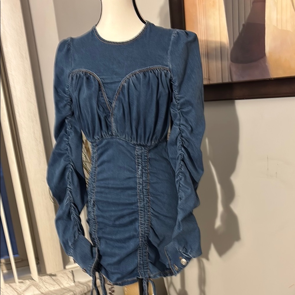Blue Ruched Midi Dress with Bishop Sleeves size S
